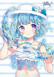 Rule 34 | 1girl, bare arms, bikini, blue bow, blue hair, blush, bow, closed mouth, collarbone, commentary request, diagonal stripes, earrings, english text, fish, frilled bikini, frills, hair ornament, hairclip, hat, hat bow, highres, hydrokinesis, jewelry, looking at viewer, necklace, original, purple eyes, seashell, see-through, shell, shell necklace, short hair, smile, solo, striped background, striped bikini, striped clothes, stud earrings, suzuki moeko, swimsuit, water, wavy hair, white bikini, white hat