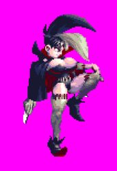 Rule 34 | alternate hair length, alternate hairstyle, animated, animated gif, atlus, black hair, bouncing breasts, breasts, bustier, cape, cleavage, elbow gloves, gloves, high collar, huge breasts, knife, leg up, lowres, multicolored hair, necro samantha, pixel art, princess crown, short hair, stitches, thighhighs, thighs, two-tone hair, vampire costume, vanillaware