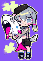 Rule 34 | 1girl, :3, angel wings, animal ears, beret, black footwear, black hat, black shorts, blush stickers, chibi, collar, commentary, crop top, dog ears, grey collar, grey eyes, grey hair, grey shirt, hair between eyes, halftone, hat, highres, holding, holding stuffed toy, navel, one eye closed, original, outline, plus sign, purple background, shirt, shorts, solo, standing, stuffed animal, stuffed shark, stuffed toy, suspender shorts, suspenders, symbol-only commentary, terada tera, white wings, wings, yellow outline