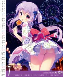 Rule 34 | 1girl, 2019, absurdres, aerial fireworks, ass, blue bow, blush, bow, calendar (medium), candy apple, dengeki moeou, fingernails, fireworks, floral print, food, gluteal fold, hair between eyes, hair bow, head tilt, highres, holding, holding food, japanese clothes, kimono, lantern, long hair, looking at viewer, looking back, night, night sky, no panties, original, outdoors, paper lantern, parted lips, pouch, print kimono, purple eyes, purple hair, red bow, santa matsuri, scan, sky, solo, twintails, very long hair, white kimono