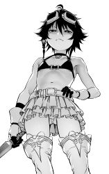 Rule 34 | 1girl, absurdres, ahoge, bare shoulders, belt, bikini, bikini top only, boots, commentary request, dagger, female focus, flat chest, frilled skirt, frills, from below, gloves, goggles, goggles on head, greyscale, hair between eyes, hair ornament, highres, knife, looking at viewer, monochrome, navel, original, panties, pantyshot, pastime774, short hair, simple background, skirt, small hips, smug, solo, swimsuit, thigh boots, thighhighs, underwear, weapon, white background