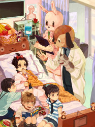 Rule 34 | 3boys, 3girls, animal costume, animal head, antenna hair, apple, apple972, ascot, banana, barefoot, basket, bed, blanket, book, bow, brown eyes, brown hair, child, chips (food), chocolate, clipboard, doctor, dog costume, doorway, food, fruit, hair bow, hand puppet, hospital, hospital bed, intravenous drip, inzup, juice, kneehighs, light brown hair, looking at another, looking away, lying, medical, monitor, multiple boys, multiple girls, necktie, nurse, on back, open book, open mouth, orange (fruit), original, pajamas, pillow, polka dot, poster (medium), poster (object), privacy screen, puppet, rabbit costume, reading, scared, shirt, short hair, shorts, sitting, smile, socks, striped clothes, striped shirt, thighhighs, trash can, white thighhighs, zettai ryouiki