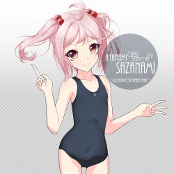 Rule 34 | 1girl, ahoge, artist name, black one-piece swimsuit, blue one-piece swimsuit, blush, character name, checkered background, collarbone, commentary request, cowboy shot, eyes visible through hair, flat chest, gradient background, hair bobbles, hair ornament, inaba shiki, index finger raised, kantai collection, looking at viewer, new school swimsuit, nontraditional school swimsuit, one-hour drawing challenge, one-piece swimsuit, pink eyes, pink hair, sazanami (kancolle), school swimsuit, short hair, simple background, smile, solo, swimsuit, twintails