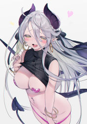 Rule 34 | antenna hair, black shirt, blush, bracelet, breasts, bukurote, chromatic aberration, clothes lift, commentary request, cropped shirt, demon horns, demon tail, earrings, grey hair, hair between eyes, hair ornament, hair ribbon, heart, heart pasties, highres, hoop earrings, horns, jewelry, lifting own clothes, long hair, looking at viewer, medium breasts, navel, navel piercing, original, panties, pasties, piercing, pink panties, pointy ears, pussy, ribbon, shirt, shirt lift, simple background, sleeveless, sleeveless turtleneck, solo, sweat, tail, tongue, tongue out, turtleneck, underwear, white background, yellow eyes