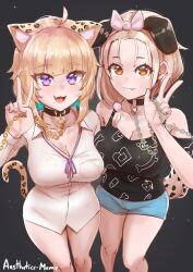 Rule 34 | 2girls, :3, absurdres, aestheticc-meme, ahoge, animal collar, animal ears, animal print, artist name, bangs pinned back, black background, blonde hair, bone, bow, bra, breasts, brown eyes, cat ears, cat tail, chain, chain leash, choker, cleavage, collar, collarbone, cowboy shot, denim, denim shorts, dog ears, dog tail, dress shirt, eyelashes, eyes visible through hair, fang, futo-inu, gold chain, hair bow, hair ornament, highres, holding, holding chain, hololive, hoso-inu, inugami korone, inugami korone (loungewear), knees, large breasts, leash, leopard print, long hair, looking at viewer, low-tied long hair, medium breasts, multiple girls, naked shirt, nekomata okayu, nekomata okayu (oversized shirt), official alternate costume, pom pom (clothes), pom pom hair ornament, purple eyes, see-through, shirt, short shorts, shorts, smile, star (symbol), starry background, tail, tank top, thighs, tsurime, underwear, v, viewer holding leash, virtual youtuber