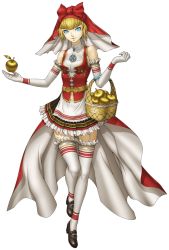 Rule 34 | 1girl, apple, apron, artist request, bare shoulders, basket, blonde hair, blue eyes, breasts, elbow gloves, food, frilled skirt, frills, fruit, full body, garter straps, gloves, golden apple, idunn (megami tensei), looking at viewer, official art, shin megami tensei, shin megami tensei v, shoes, short hair, skirt, sleeveless, small breasts, smile, solo, thighhighs, third-party source