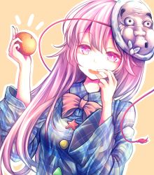 Rule 34 | 1girl, bad id, bad pixiv id, breasts, commentary request, covering own mouth, dutch angle, food, fruit, hata no kokoro, holding, holding food, holding fruit, long hair, long sleeves, looking at viewer, mandarin orange, maru daizu (aqua6233), mask, orange (fruit), orange background, orange slice, outline, plaid, plaid shirt, purple eyes, purple hair, shirt, small breasts, solo, touhou, upper body, white outline, wide sleeves