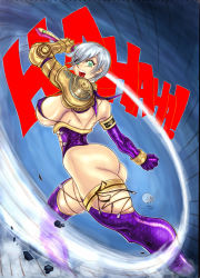 Rule 34 | 1girl, ass, breasts, corset, elbow gloves, gloves, green eyes, highres, isabella valentine, ivan llanos, large breasts, laughing, open mouth, sideboob, solo, soul calibur, soulcalibur iv, white hair