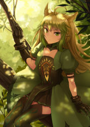 Rule 34 | 1girl, ahoge, animal ears, armor, atalanta (fate), black gloves, blonde hair, braid, cat ears, closed mouth, colored eyelashes, dress, expressionless, eyebrows, fate/apocrypha, fate/grand order, fate (series), fingernails, gloves, gradient hair, green eyes, green hair, half updo, highres, in tree, long hair, looking at viewer, matching hair/eyes, multicolored hair, outdoors, pleated dress, puffy short sleeves, puffy sleeves, shade, sharp fingernails, short sleeves, sitting, solo, thighhighs, tree, tree shade, two-tone hair, yuemanhuaikong