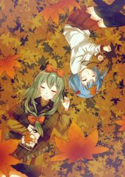 Rule 34 | 2girls, alternate costume, autumn, autumn leaves, black legwear, black skirt, blue hair, book, bow, brown sweater, closed eyes, facing away, facing viewer, from above, front ponytail, green hair, hair bobbles, hair bow, hair ornament, highres, kagiyama hina, kawashiro nitori, key, leaf, leaf on head, long sleeves, lying, maple leaf, multiple girls, nishiaita, on back, on ground, on side, orange bow, plaid, pleated skirt, poncho, red skirt, skirt, sleeping, smile, sweater, thighhighs, touhou, turtleneck, turtleneck sweater, two side up, unmoving pattern, upside-down, white sweater