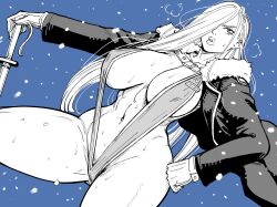 Rule 34 | 1girl, abs, absurdres, bb (baalbuddy), blue background, breasts, coat, fullmetal alchemist, fur-trimmed coat, fur trim, gloves, greyscale, hair over one eye, hand on own hip, highres, holding, holding sword, holding weapon, large breasts, lips, long hair, monochrome, muscular, muscular female, navel, olivier mira armstrong, open clothes, open coat, simple background, slingshot swimsuit, solo, stomach, sweat, swimsuit, sword, thick lips, thighs, weapon