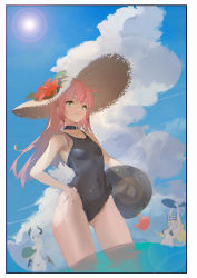 Rule 34 | 3girls, absurdres, ball, black choker, black one-piece swimsuit, blue sky, border, breasts, casual one-piece swimsuit, choker, cloud, collarbone, covered navel, cumulonimbus cloud, dingding (chongsangjun), floating hair, flower, framed, frilled swimsuit, frills, gluteal fold, hat, hat flower, hibiscus, highres, holding, holding ball, long hair, multiple girls, one-piece swimsuit, original, pink hair, red flower, sky, small breasts, solo focus, straw hat, summer, sun, sun hat, swimsuit, tongue, tongue out, wading, white border, white headwear, yellow eyes