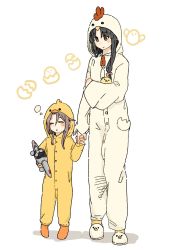 Rule 34 | :o, aged down, aircraft, animal, animal hood, animal slippers, bird, black hair, blush, brown eyes, brown hair, chick, chicken, closed eyes, full body, hair ribbon, height difference, highres, hinata hibari, holding, holding hands, hood, hood up, hooded pajamas, kantai collection, long hair, long sleeves, low-tied long hair, multiple girls, open mouth, pajamas, pocket, ribbon, shadow, shouhou (kancolle), simple background, sleepy, slippers, smile, standing, white background, zuihou (kancolle)