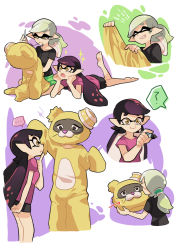 Rule 34 | + +, 2girls, alternate hairstyle, animal costume, black hair, black shirt, black shorts, brown eyes, callie (splatoon), closed eyes, closed mouth, commentary, gomipomi, grey hair, grin, head rest, highres, holding, inkling, long hair, looking at another, lying, marie (splatoon), marker, mole, mole under eye, mouth hold, multiple girls, nintendo, on stomach, open mouth, pointy ears, ponytail, scrunchie, sewing, shirt, short hair, short sleeves, shorts, sitting, smile, sparkle, splatoon (series), t-shirt, tentacle hair, wariza