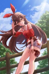 Rule 34 | 1girl, absurdres, amber (genshin impact), bare shoulders, belt, bracelet, brown belt, brown eyes, brown hair, cloud, cloudy sky, coppelion1991, crossed bangs, day, denim, denim shorts, detached sleeves, fence, frills, genshin impact, grin, hair between eyes, highres, jewelry, long hair, looking at viewer, off-shoulder shirt, off shoulder, pouch, puffy sleeves, red ribbon, ribbon, shirt, short shorts, short sleeves, shorts, sky, smile, solo, summer, sunlight, vision (genshin impact), wooden fence