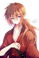 Rule 34 | 1boy, blue eyes, closed mouth, collarbone, commentary request, cross scar, crossed bangs, facial scar, hair between eyes, hair over shoulder, hibiki mio, highres, himura kenshin, japanese clothes, katana, kimono, light particles, long hair, long sleeves, low ponytail, male focus, orange hair, red kimono, rurouni kenshin, samurai, scar, scar on cheek, scar on face, sheath, sheathed, signature, solo, sword, upper body, weapon, white background, wide sleeves