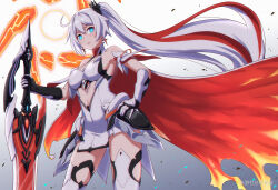 Rule 34 | 1girl, ahoge, armor, armored boots, armored dress, blue eyes, boots, breasts, cape, cowboy shot, daidailong, earrings, gauntlets, hand on own hip, highres, holding, holding sword, holding weapon, honkai (series), honkai impact 3rd, jewelry, kiana kaslana, kiana kaslana (herrscher of flamescion), long hair, looking at viewer, open mouth, solo, sword, very long hair, weapon, white cape, white hair