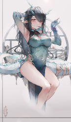 Rule 34 | 1girl, absurdres, arknights, arm tattoo, arm up, armpits, bare shoulders, bead bracelet, beads, black hair, bracelet, breasts, china dress, chinese clothes, colored skin, covered navel, cropped legs, dragon girl, dragon horns, dragon tail, dress, dusk (arknights), dusk (everything is a miracle) (arknights), feet out of frame, green dress, green skin, highres, horns, impossible clothes, impossible dress, jewelry, large breasts, long hair, mouth hold, official alternate costume, oreshki, pointy ears, red eyes, simple background, sitting, sleeveless, sleeveless dress, solo, tail, tattoo, thighs, white background