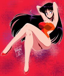 Rule 34 | 1girl, 2023, armpits, arms behind back, arms behind head, back cutout, bare shoulders, bishoujo senshi sailor moon, black hair, blush, clothing cutout, crossed legs, danmakuman, dated, full body, high heels, highleg, highleg swimsuit, highres, hino rei, long hair, multicolored clothes, multicolored swimsuit, official alternate costume, one-piece swimsuit, purple eyes, red background, red footwear, signature, solo, strapless one-piece swimsuit, swimsuit
