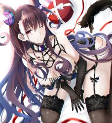 Rule 34 | 1girl, ass, bad id, bad twitter id, black bra, black gloves, black panties, black thighhighs, blush, bra, breasts, brown hair, cat, choker, cleavage, cone hair bun, curly hair, double bun, elbow gloves, fate/grand order, fate (series), garter straps, gift, gloves, hair between eyes, hair bun, hair ornament, highres, lace, lace-trimmed bra, lace-trimmed legwear, lace trim, large breasts, lingerie, long hair, looking at viewer, murasaki shikibu (fate), nicky w, one eye closed, panties, purple eyes, ribbon, sitting, solo, thighhighs, two side up, underwear, underwear only, very long hair, wariza