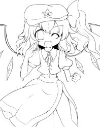 Rule 34 | 1girl, bad id, bad pixiv id, cosplay, female focus, flandre scarlet, geo (yukishitadou), greyscale, hat, hong meiling, hong meiling (cosplay), lineart, monochrome, one eye closed, open mouth, side ponytail, solo, star (symbol), embodiment of scarlet devil, touhou, wings, wink