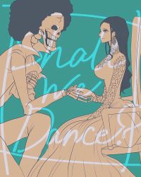 Rule 34 | 1boy, 1girl, age difference, black hair, brook (one piece), dress, long dress, long hair, nico robin, one piece, smile