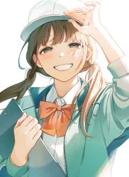 Rule 34 | 1girl, baseball cap, blue jacket, blush, bow, bowtie, brown eyes, brown hair, clipboard, collared jacket, collared shirt, grin, hand on headwear, hat, highres, holding, holding clipboard, hugging object, jacket, kotatiyu, long bangs, long hair, long sleeves, looking at viewer, low twintails, open clothes, open jacket, open mouth, original, red bow, red bowtie, red lips, school uniform, shirt, sidelocks, simple background, sleeve cuffs, smile, solo, straight-on, teeth, twintails, upper body, white background, white hat, white shirt