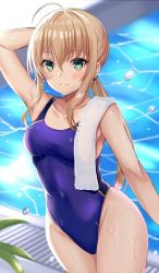Rule 34 | 1girl, ahoge, arm behind head, arm up, armpits, artoria pendragon (all), artoria pendragon (fate), bad id, bad twitter id, blonde hair, blue one-piece swimsuit, blush, breasts, collarbone, cowboy shot, day, fate/stay night, fate (series), green eyes, groin, hair tie, harimoji, highres, leaf, looking at viewer, low ponytail, medium breasts, official alternate costume, one-piece swimsuit, ponytail, poolside, saber (fate), saber (summer battle clothes) (fate), sidelocks, smile, solo, swimsuit, taut clothes, taut swimsuit, thighs, towel, water drop, wet