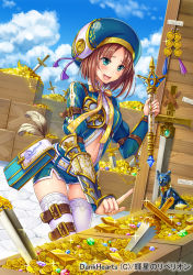 Rule 34 | 1girl, :d, arm belt, belt, blue eyes, blue sky, blush, box, bracer, brown hair, cloud, coin, crate, day, dutch angle, feathers, gem, glint, gold bar, hat, index finger raised, knife, marco polo (rebellion), medium hair, official art, open mouth, original, otosume ruiko, outdoors, planted, pouch, puffy sleeves, scepter, short shorts, shorts, sky, smile, solo, sparkle, statue, sword, thigh strap, treasure, weapon, white legwear