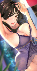 Rule 34 | 1girl, areola slip, armpits, babydoll, black hair, breasts, camisole, cleavage, collarbone, covered erect nipples, frilled babydoll, frills, hcz n, large breasts, lingerie, long hair, looking at viewer, negligee, nightgown, nijisanji, orange eyes, paid reward available, presenting armpit, purple babydoll, purple nails, shirayuki tomoe, shirayuki tomoe (7th costume), sleepwear, solo, spaghetti strap, underwear, underwear only, virtual youtuber