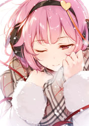 Rule 34 | 1girl, black hairband, breath, coat, commentary request, contemporary, earmuffs, hair ornament, hairband, heart, heart hair ornament, highres, ke-ta, komeiji satori, long sleeves, one eye closed, pink eyes, pink hair, scarf, short hair, simple background, smile, snowing, solo, touhou, upper body, white background, white coat