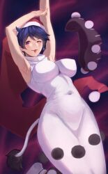 Rule 34 | 1girl, armpits, arms up, blue hair, breasts, covered navel, doremy sweet, dress, earrings, hat, highres, jewelry, large breasts, mons pubis, nightcap, nightgown, one eye closed, red headwear, skin tight, sleeveless, sleeveless dress, smug, tail, tapir tail, touhou, white dress, wiaxixia