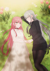 Rule 34 | 2girls, black hair, black shorts, black sweater, blush, braid, breasts, brown eyes, brown legwear, chihuri, closed mouth, day, dress, ear piercing, earrings, eye contact, fingernails, flower, gradient hair, grass, grey eyes, grey hair, hair between eyes, hair ribbon, highres, holding hands, jewelry, pantyhose under shorts, long hair, long sleeves, looking at another, lying, medium breasts, multicolored hair, multiple girls, on back, on grass, on side, original, outdoors, pantyhose, piercing, pink hair, profile, red flower, ribbed sweater, ribbon, short shorts, shorts, small breasts, smile, stud earrings, sweater, very long hair, white dress, white flower, white ribbon, yana (chihuri), yuri, zoya petrovna vecheslova