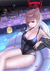 Rule 34 | 1girl, absurdres, azur lane, blue one-piece swimsuit, breasts, city lights, cleavage, closed mouth, collarbone, crossed legs, cup, drinking glass, duca degli abruzzi (azur lane), duca degli abruzzi (lustrous onyx sirenetta) (azur lane), earrings, female focus, gauntlets, hair ornament, hairclip, highres, holding, holding cup, jewelry, large breasts, long hair, looking at viewer, manjuu (azur lane), mechanical arms, nail polish, night, official alternate costume, one-piece swimsuit, petals, platinum blonde hair, pool, red eyes, red nails, single mechanical arm, sitting, solo, swimsuit, wine glass, you (yoyou)