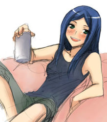 Rule 34 | 00s, 1girl, :d, alcohol, bare shoulders, beer, black hair, blush, cup, drunk, green eyes, kuga natsuki, long hair, lowres, lying, my-hime, on back, open mouth, pillow, shirt, shorts, sidelocks, simple background, sleeveless, sleeveless shirt, smile, solo, tank top, tomboy, white background