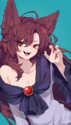 Rule 34 | 1girl, animal ears, artist name, blue background, breasts, brown hair, claw pose, claws, cleavage, collarbone, dress, fingernails, garan co, hair between eyes, highres, imaizumi kagerou, long fingernails, long hair, long sleeves, medium breasts, nail polish, open mouth, red eyes, red nails, sharp fingernails, simple background, smile, solo, touhou, upper body, white dress, wolf ears
