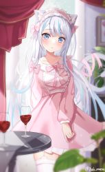 Rule 34 | 1girl, animal ear fluff, animal ears, arm behind back, blue hair, bow, cat ears, cat girl, cat tail, collarbone, cup, dress, drinking glass, hair bow, hairband, highres, indoors, lolita fashion, lolita hairband, long hair, long sleeves, looking at viewer, multicolored hair, oozora halu, original, pink bow, pink dress, pink ribbon, ribbon, solo, standing, sweet lolita, tail, tail ornament, tail ribbon, thighhighs, twitter username, two-tone hair, very long hair, white hair, white thighhighs, wine glass, zettai ryouiki
