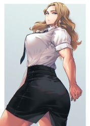 1girl annoyed ass black_skirt blonde_hair blue_eyes breasts formal_clothes from_below highres looking_at_viewer mikel_(4hands) muscular muscular_female necktie office_lady original shiny_skin shirt skirt thick_thighs thighs wavy_hair white_shirt