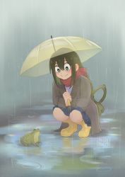 Rule 34 | 10s, 1girl, asui tsuyu, blue skirt, boku no hero academia, boots, coat, frog, green hair, grey coat, hair between eyes, hair rings, highres, holding, holding umbrella, long hair, pigeon princess, puddle, rain, red scarf, reflection, ripples, rubber boots, scarf, skirt, smile, solo, squatting, transparent, transparent umbrella, umbrella, very long hair, yellow footwear, yellow umbrella