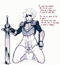 Rule 34 | 1boy, armor, breastplate, clothes pull, fingerless gloves, gauntlets, gloves, male focus, pants, pants pull, pussy, pussy juice, red eyes, reverse newhalf, scales, simple background, solo, spot color, sword, text focus, undressing, weapon