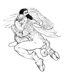 Rule 34 | 2boys, ass, bara, beard, chimera, comforting, couple, dungeon meshi, dwarf, facial hair, feathered wings, from above, greyscale, highres, hug, laios touden, long beard, male focus, monochrome, monsterification, multiple boys, muscular, muscular male, mutual hug, satyr, senshi (dungeon meshi), short hair, sideburns stubble, stubble, thick mustache, thighs, toston coquette (tstncqt), very long beard, wings, yaoi
