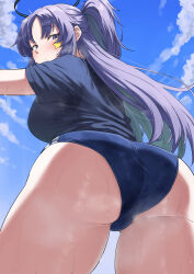 Rule 34 | 1girl, ass, ass focus, black shirt, blue archive, blue buruma, blush, breasts, buruma, closed mouth, double vertical stripe, gym uniform, halo, highres, large breasts, long hair, looking at viewer, looking back, m kong, mechanical halo, official alternate costume, parted bangs, purple eyes, shirt, short sleeves, sidelocks, sky, standing, star (symbol), sticker on face, sweat, thighs, trefoil, two side up, yuuka (blue archive), yuuka (track) (blue archive)