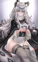 Rule 34 | 1girl, animal ear fluff, animal ears, arknights, belt, blue eyes, braid, breasts, cape, cup, dress, gradient hair, grey hair, grey thighhighs, headdress, highres, holding, holding cup, jewelry, kinokorec, leopard ears, leopard tail, long hair, looking at viewer, medium breasts, mug, multicolored hair, multiple belts, necklace, pelvic curtain, pramanix (arknights), sitting, skindentation, smile, solo, steam, tail, thighhighs, thighs, twin braids, white dress
