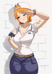 Rule 34 | 1girl, :q, absurdres, arm behind back, arm ribbon, arm up, averting eyes, backwards hat, baseball cap, belt, blue pants, breasts, brick wall, brown eyes, cleavage, elpipe 3000, facing viewer, hat, highres, large breasts, log pose, looking to the side, marine uniform (one piece), military uniform, nami (one piece), narrow waist, one piece, orange hair, pants, ribbon, salute, shadow, shirt, short hair, short sleeves, shoulder tattoo, smile, solo, tattoo, tongue, tongue out, uniform, white shirt
