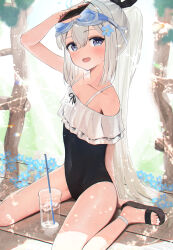 Rule 34 | 1girl, absurdres, arm behind back, arm support, arm up, black bow, black one-piece swimsuit, blue archive, bow, cellphone, collarbone, covered navel, cup, disposable cup, drinking straw, eyelashes, flat chest, flower, full body, goggles, goggles on head, grey hair, hair between eyes, hair bow, hair flower, hair ornament, halo, hidulume, highres, holding, legs, long hair, looking at viewer, miyako (blue archive), miyako (swimsuit) (blue archive), official alternate costume, on ground, one-piece swimsuit, open mouth, outdoors, parted bangs, phone, ponytail, purple eyes, sandals, sidelocks, sitting, smartphone, solo, swimsuit, thighs, toenails, toes, very long hair, wariza, wooden floor