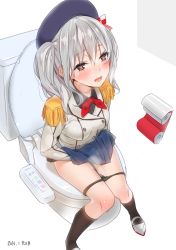 Rule 34 | 10s, 1girl, 2016, ama mitsuki, beret, blush, breasts, dated, epaulettes, frilled sleeves, frills, grey eyes, hat, heart, heart-shaped pupils, kantai collection, kashima (kancolle), kerchief, medium breasts, military, military uniform, miniskirt, open mouth, panties, panty pull, pleated skirt, sidelocks, silver hair, sitting, skirt, solo, symbol-shaped pupils, toilet, toilet paper, toilet use, tsurime, twintails, underwear, uniform, wavy hair