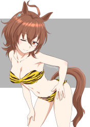 Rule 34 | 1girl, agnes tachyon (umamusume), ahoge, animal ears, animal print, artist name, bare shoulders, breasts, brown eyes, brown hair, cleavage, collarbone, commentary request, cosplay, cowboy shot, earrings, fur bikini, grey background, hair between eyes, hand on own hip, hand on own thigh, highres, horse ears, horse girl, horse tail, jewelry, long hair, looking at viewer, lum, lum (cosplay), medium breasts, medium hair, navel, one eye closed, outside border, single earring, solo, tail, tamagoya, tiger print, uesaka sumire, umamusume, voice actor connection