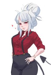 Rule 34 | 1girl, black pants, demon girl, demon tail, foxxarius, hand on own thigh, helltaker, highres, horns, jewelry, looking at viewer, lucifer (helltaker), mole, mole under eye, pants, red eyes, red shirt, ring, shirt, tail, white background, white hair, white horns