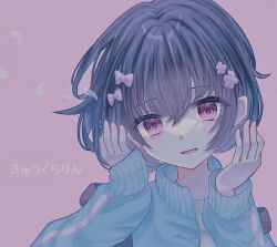 Rule 34 | 1girl, aqua jacket, backpack, bag, black hair, bow, cevio, cherry blossoms, crying, crying with eyes open, flower, hair bow, hair flower, hair ornament, hands up, jacket, kurari-chan (iyowa), kyu-kurarin (cevio), min (user 82880588), pastel colors, pink background, pink eyes, short hair, simple background, solo, tears, track jacket, translation request
