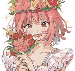 Rule 34 | 1girl, blue hair, blush, bouquet, breasts, cleavage, collarbone, dress, fang, flower, hair behind ear, head wreath, highres, holding, holding bouquet, idolmaster, idolmaster cinderella girls, idolmaster cinderella girls starlight stage, komachi (koma 106), medium breasts, multicolored hair, nail polish, open mouth, orange nails, pink flower, pink hair, red eyes, red flower, solo, sparkle, streaked hair, white background, white dress, yellow flower, yumemi riamu
